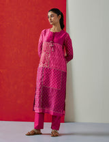 Floral Dark Pink Chanderi Suit Set (with Pants and Dupatta)