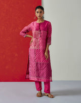 Floral Dark Pink Chanderi Suit Set (with Pants and Dupatta)