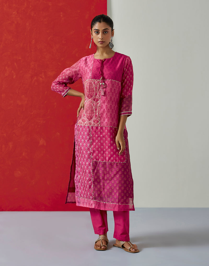 Floral Dark Pink Chanderi Suit Set (with Pants and Dupatta)