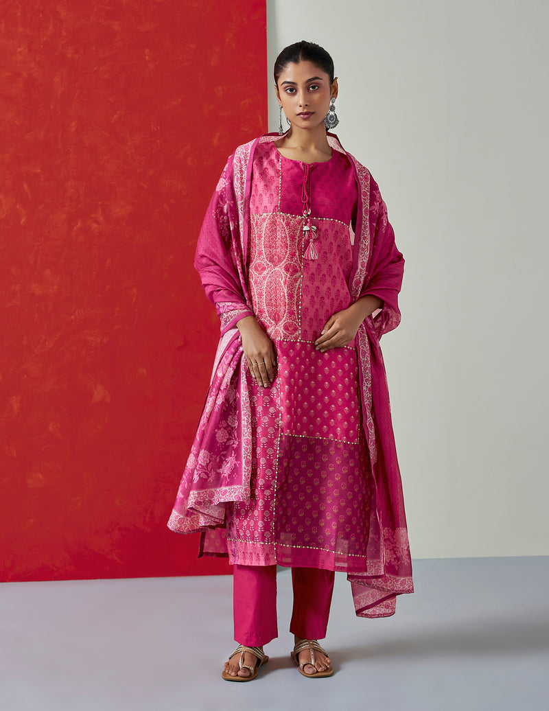 Floral Dark Pink Chanderi Suit Set (with Pants and Dupatta)