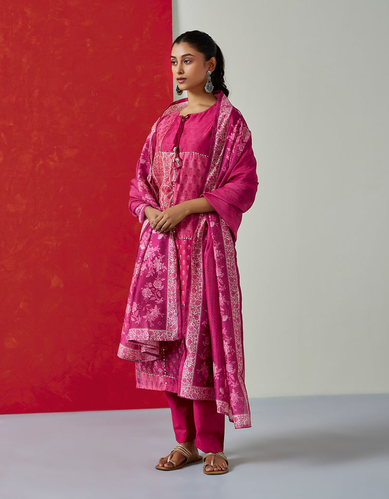 Floral Dark Pink Chanderi Suit Set (with Pants and Dupatta)