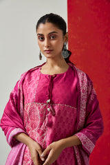 Floral Dark Pink Chanderi Suit Set (with Pants and Dupatta)