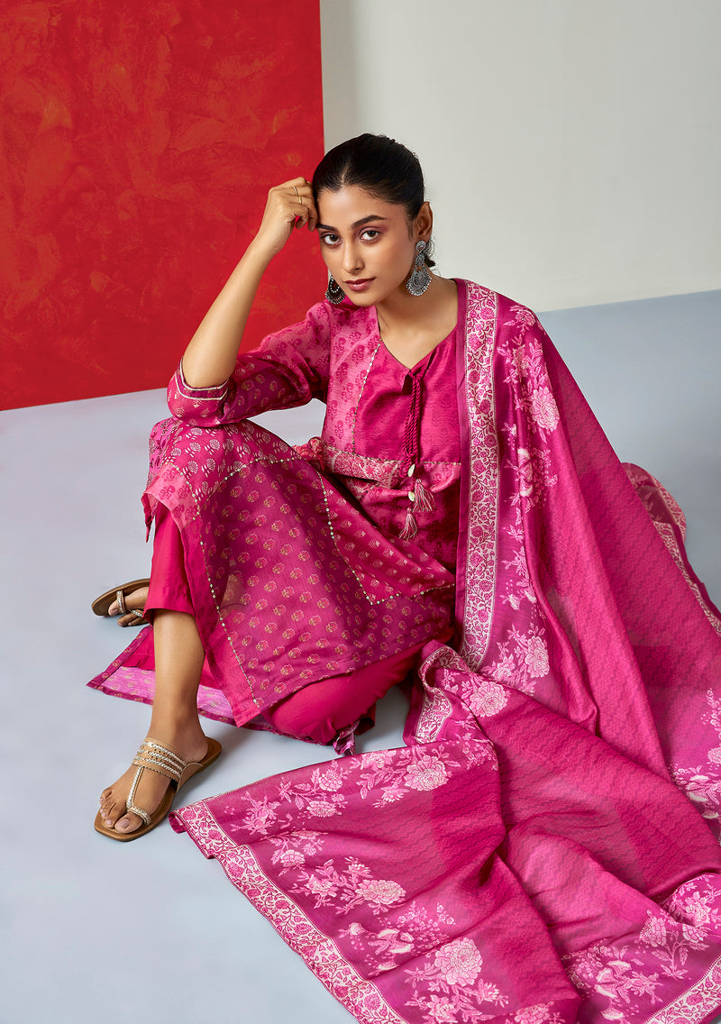 Floral Dark Pink Chanderi Suit Set (with Pants and Dupatta)