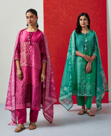 Floral Dark Pink Chanderi Suit Set (with Pants and Dupatta)