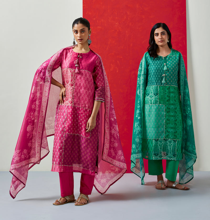 Floral Dark Pink Chanderi Suit Set (with Pants and Dupatta)