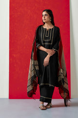 Pure Chanderi Suit Set With Hand Block Print Dupatta (with Pants)