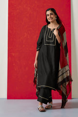 Pure Chanderi Suit Set With Hand Block Print Dupatta (with Pants)