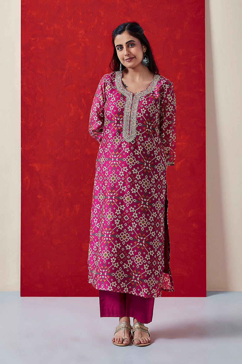 Pink Chanderi Suit Set (with Pants and Dupatta)