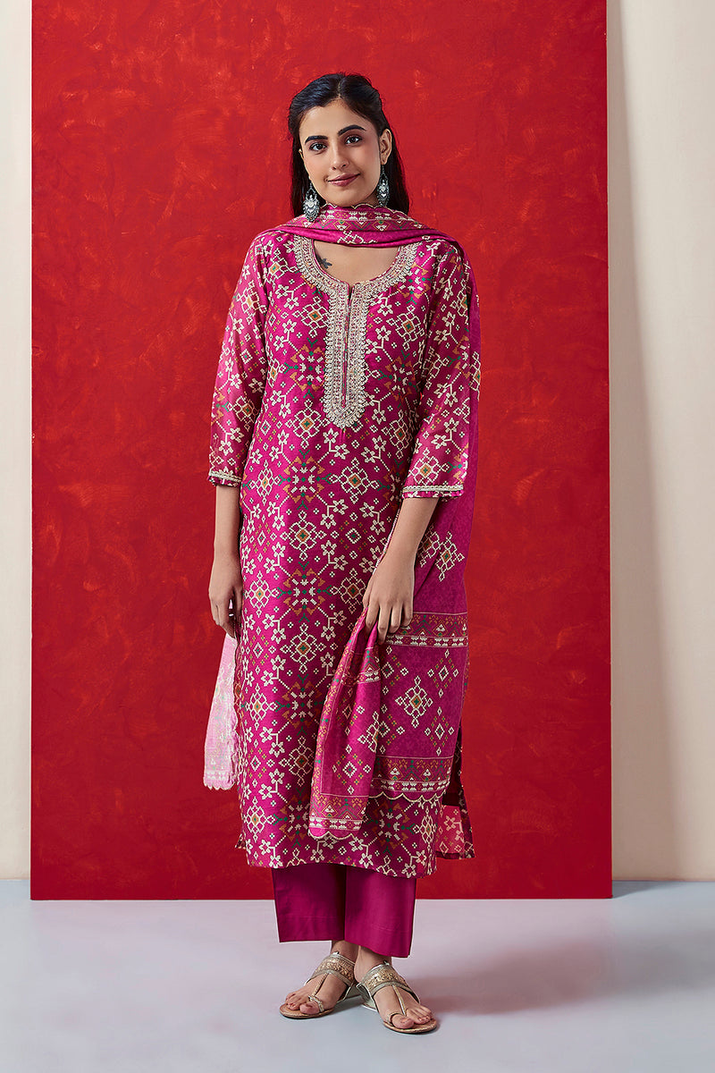 Pink Chanderi Suit Set (with Pants and Dupatta)