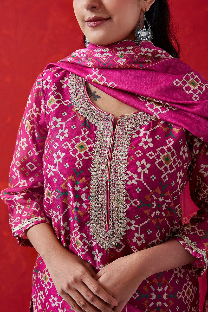 Pink Chanderi Suit Set (with Pants and Dupatta)