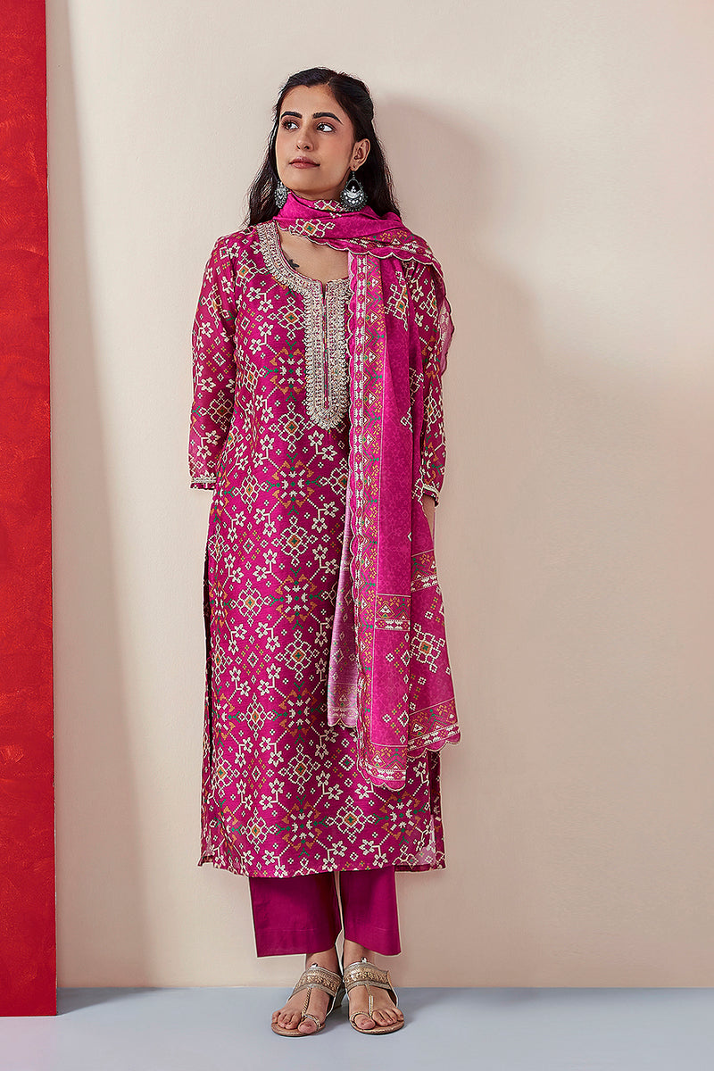 Pink Chanderi Suit Set (with Pants and Dupatta)