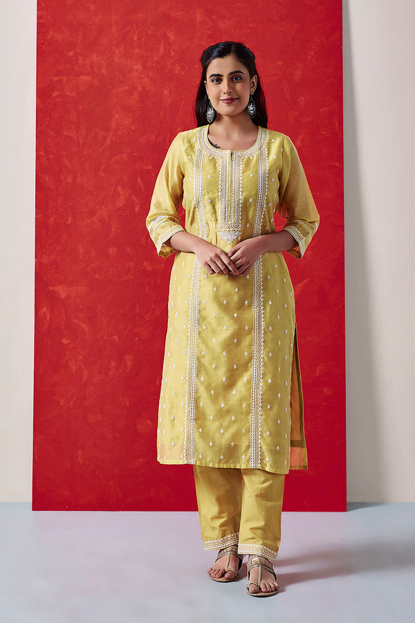 Yellow Chanderi Suit Set (with Pants and Dupatta)