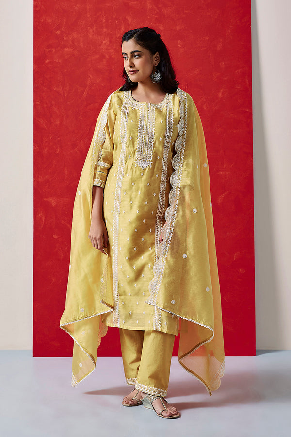 Yellow Chanderi Suit Set (with Pants and Dupatta)