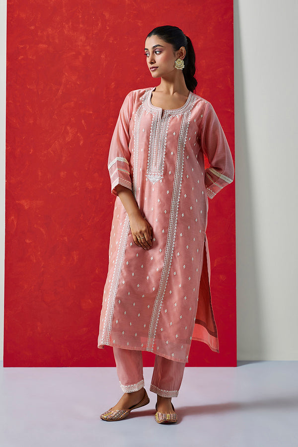 Pastel Pink Chanderi Sraight Fit Suit Set (with Pants and Dupatta)