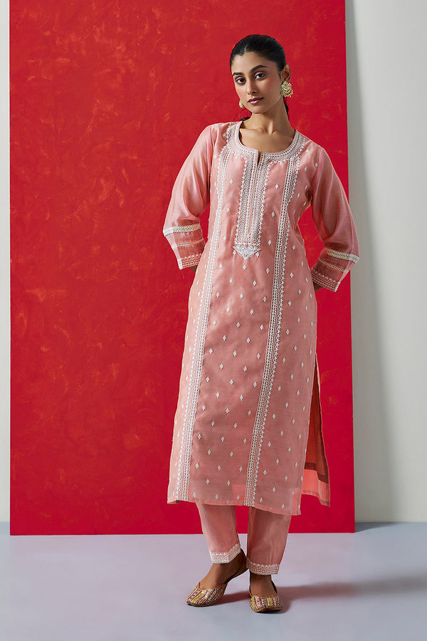 Pastel Pink Chanderi Sraight Fit Suit Set (with Pants and Dupatta)