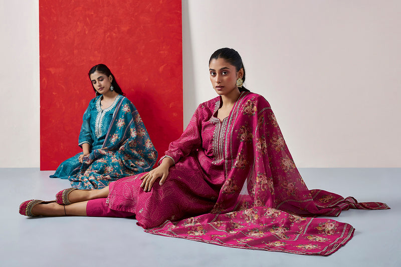 Pink Chanderi Suit Set (With Pants and Dupatta)