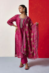 Pink Chanderi Suit Set (With Pants and Dupatta)