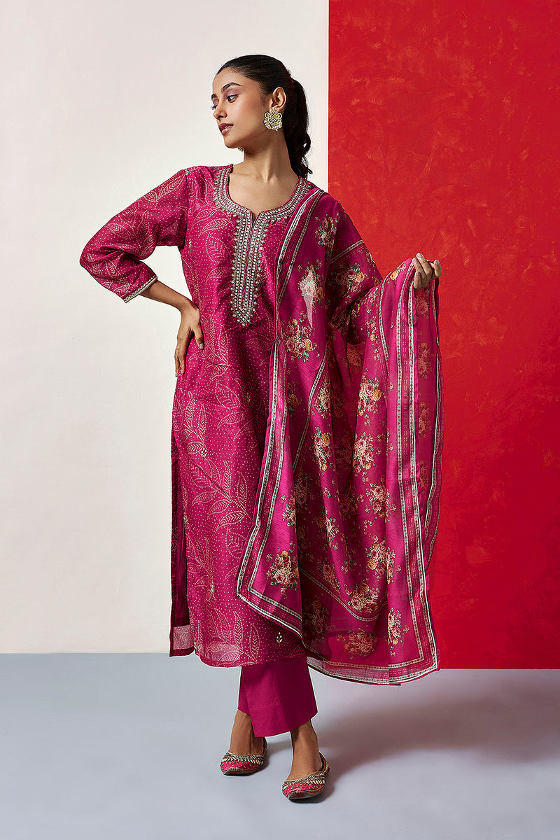 Pink Chanderi Suit Set (With Pants and Dupatta)