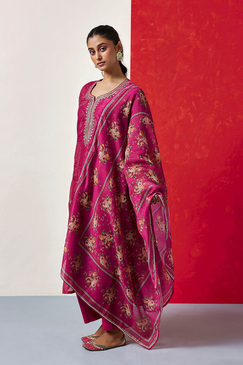 Pink Chanderi Suit Set (With Pants and Dupatta)