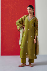 Pure Crushed Tissue Suit Set In Olive Green Color (With Pants And Dupatta)