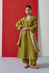 Pure Crushed Tissue Suit Set In Olive Green Color (With Pants And Dupatta)