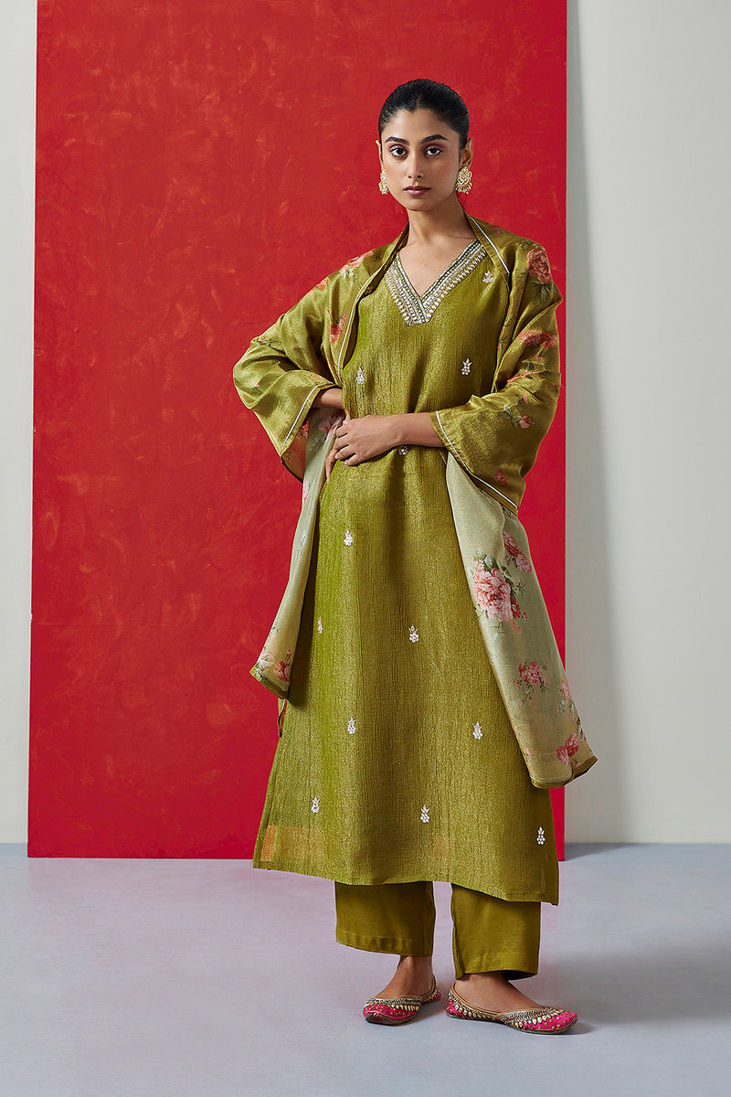 Pure Crushed Tissue Suit Set In Olive Green Color (With Pants And Dupatta)