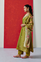 Pure Crushed Tissue Suit Set In Olive Green Color (With Pants And Dupatta)