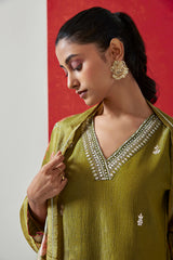 Pure Crushed Tissue Suit Set In Olive Green Color (With Pants And Dupatta)