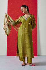 Pure Crushed Tissue Suit Set In Olive Green Color (With Pants And Dupatta)