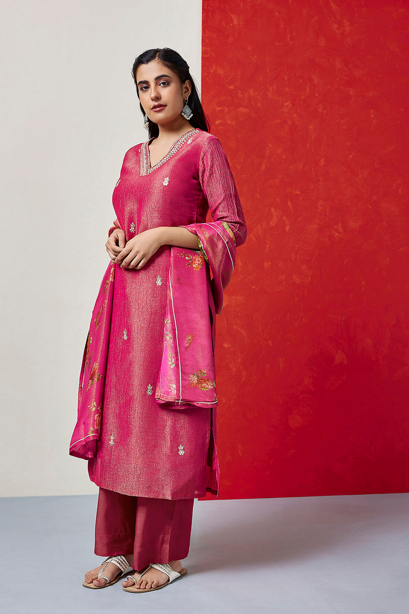 Pure Crushed Tissue Suit Set In Blush Pink (With Pants And Dupatta)