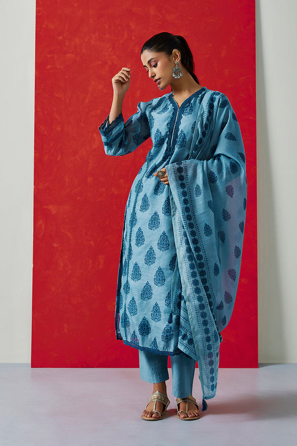 Blue Printed Chanderi Suit Set (with Pants and Dupatta)