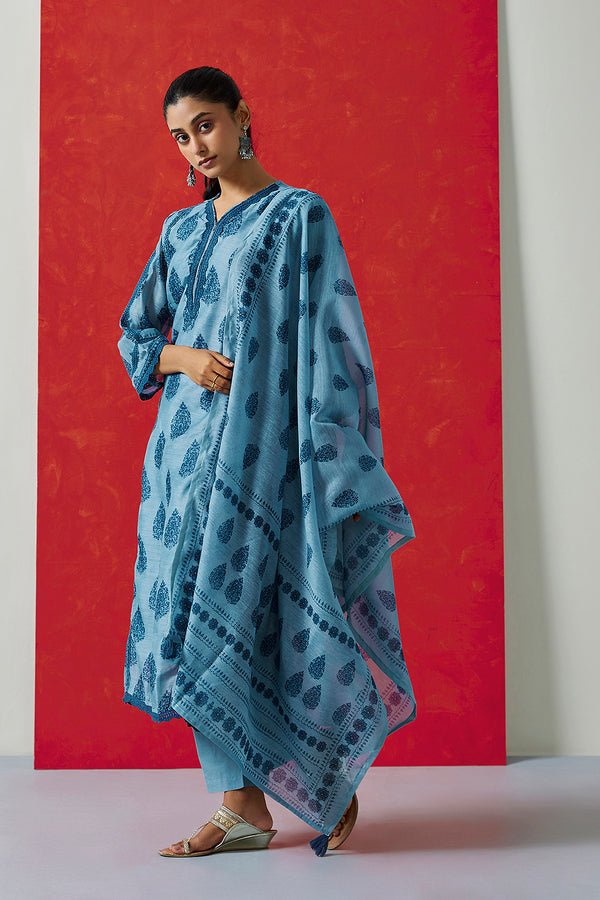 Blue Printed Chanderi Suit Set (with Pants and Dupatta)