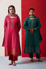 Dark Pink Dola Jacquard Straight Fit Suit Set (With Pants and Dupatta)