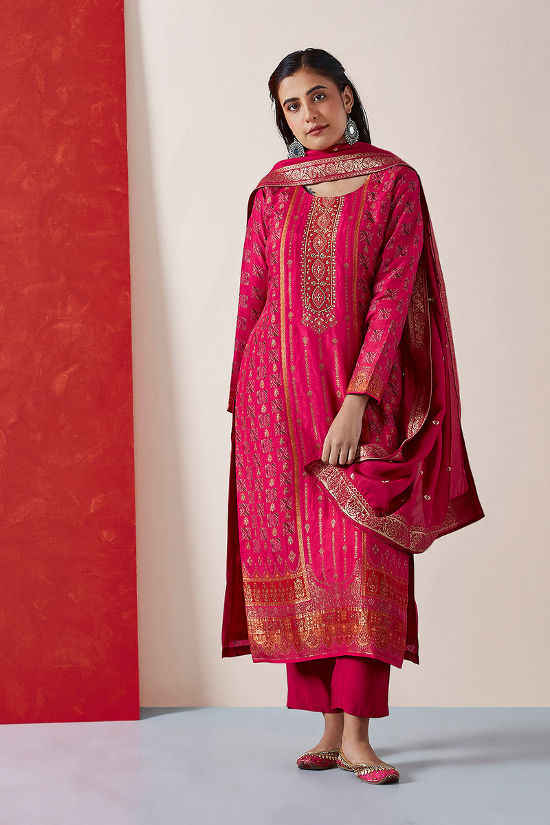 Dark Pink Dola Jacquard Straight Fit Suit Set (With Pants and Dupatta)