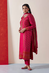 Dark Pink Dola Jacquard Straight Fit Suit Set (With Pants and Dupatta)