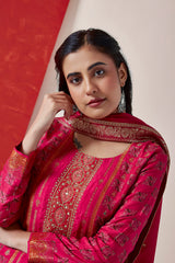 Dark Pink Dola Jacquard Straight Fit Suit Set (With Pants and Dupatta)