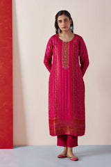 Dark Pink Dola Jacquard Straight Fit Suit Set (With Pants and Dupatta)