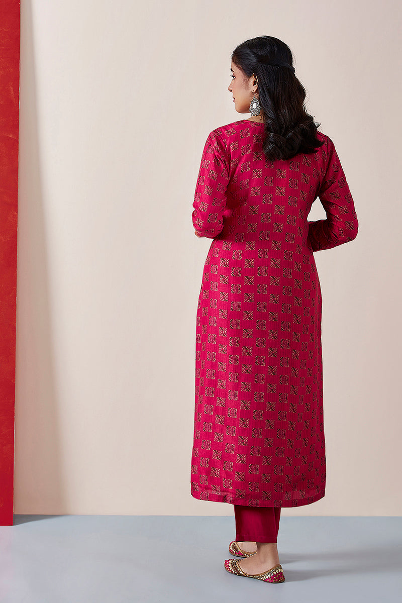 Dark Pink Dola Jacquard Straight Fit Suit Set (With Pants and Dupatta)