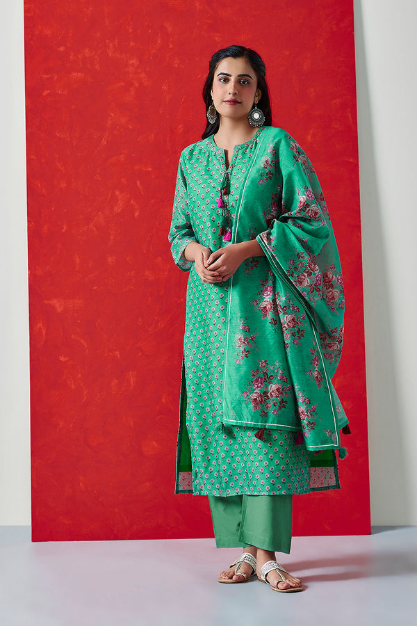 Green Chanderi Suit Set (with Pants and Dupatta)