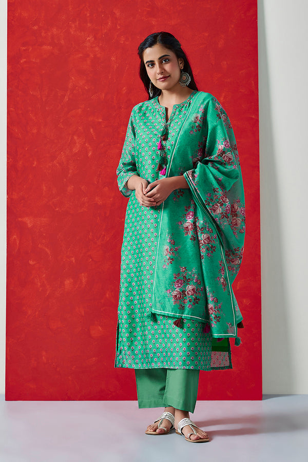 Green Chanderi Suit Set (with Pants and Dupatta)