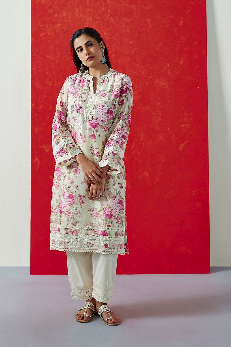 Cream Floral Printed Chanderi Suit Set (With Pants & Dupatta)