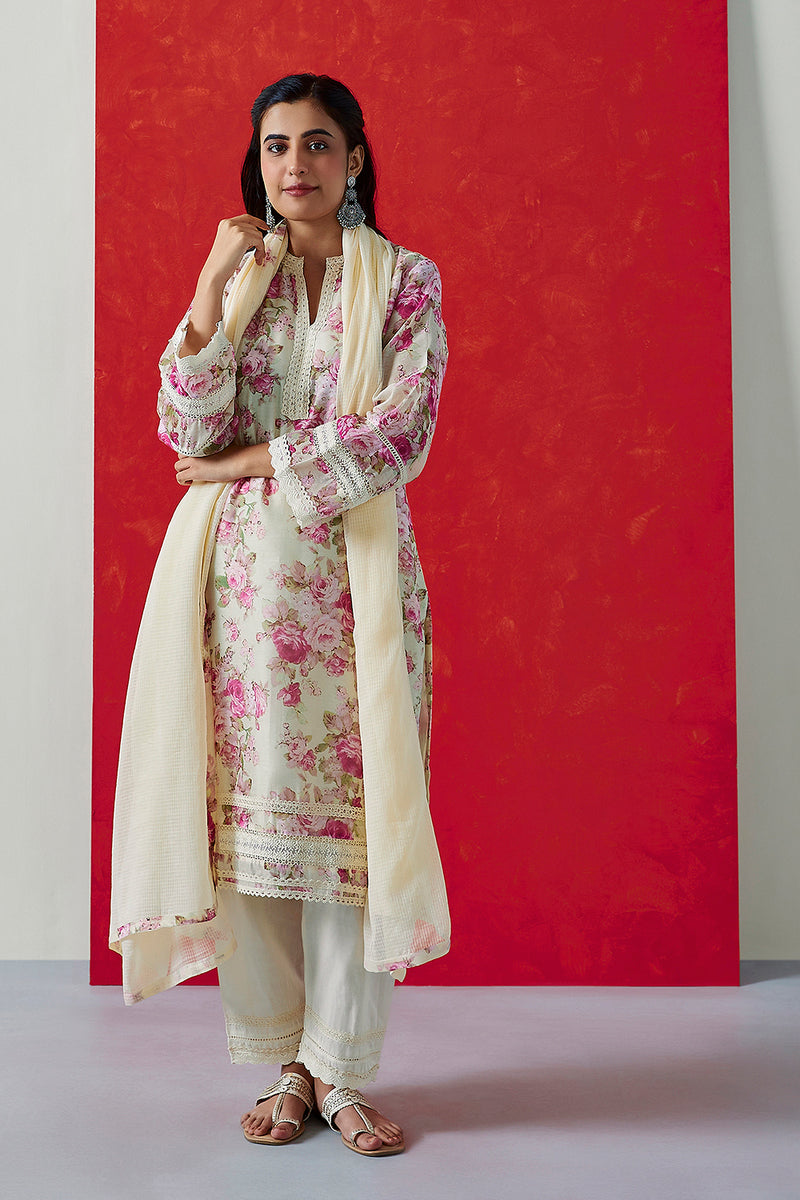 Cream Floral Printed Chanderi Suit Set (With Pants & Dupatta)