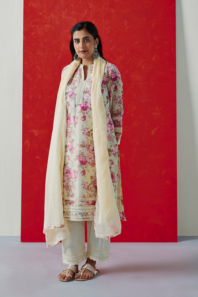 Cream Floral Printed Chanderi Suit Set (With Pants & Dupatta)