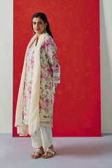 Cream Floral Printed Chanderi Suit Set (With Pants & Dupatta)