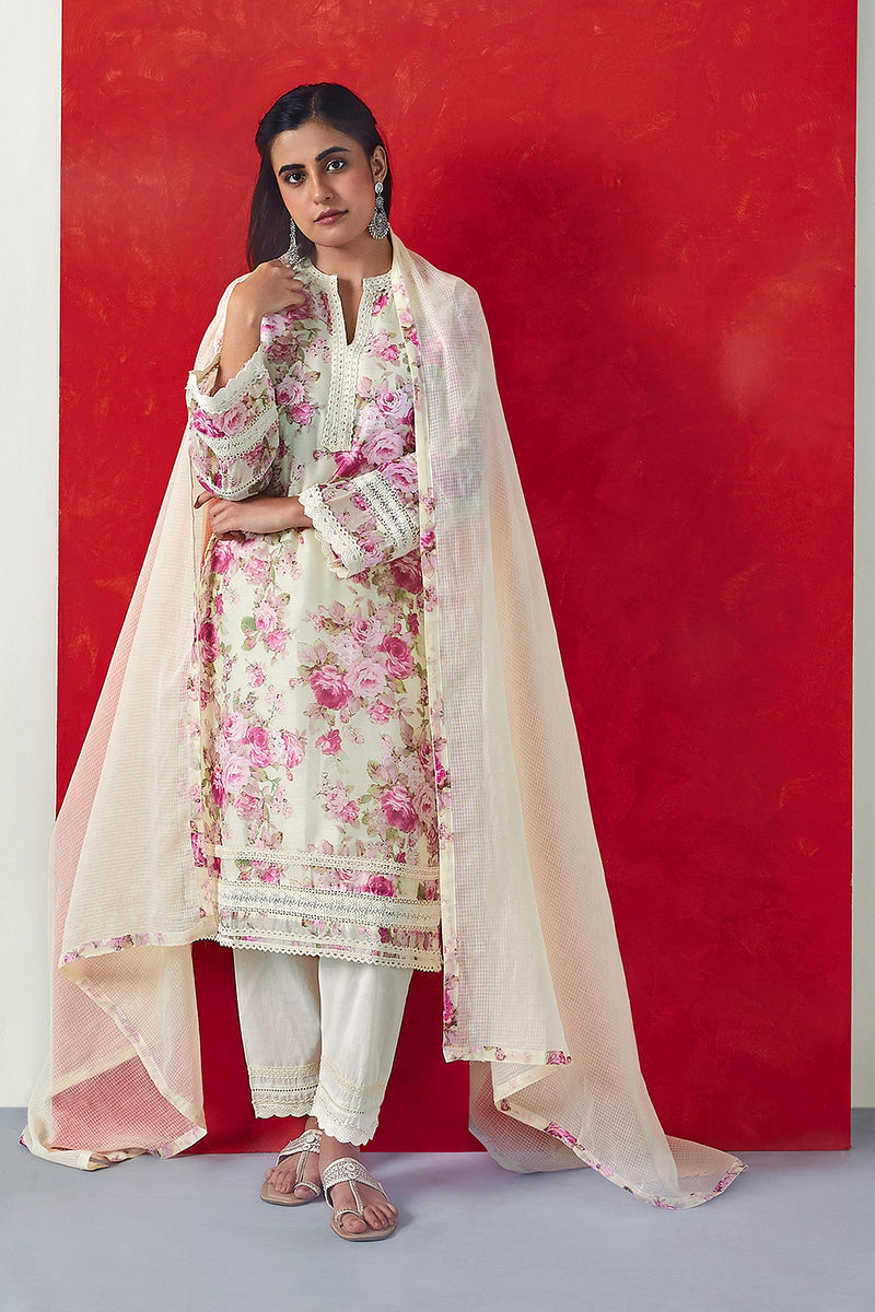 Cream Floral Printed Chanderi Suit Set (With Pants & Dupatta)