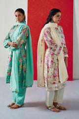 Cream Floral Printed Chanderi Suit Set (With Pants & Dupatta)