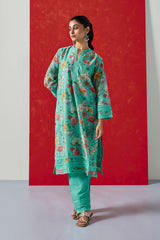 Aqua Floral Printed Chanderi Suit Set (With Pants & Dupatta)