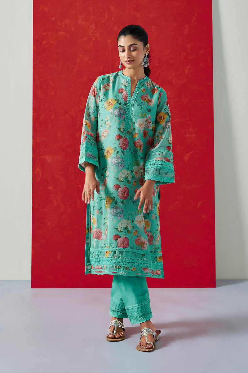 Aqua Floral Printed Chanderi Suit Set (With Pants & Dupatta)