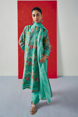 Aqua Floral Printed Chanderi Suit Set (With Pants & Dupatta)