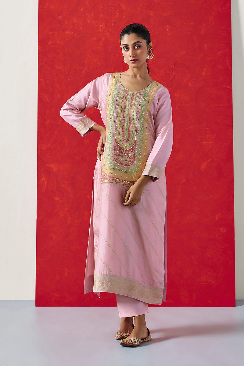 Pink Dola Jacquard Straight Fit Suit Set (With Pants and Dupatta)